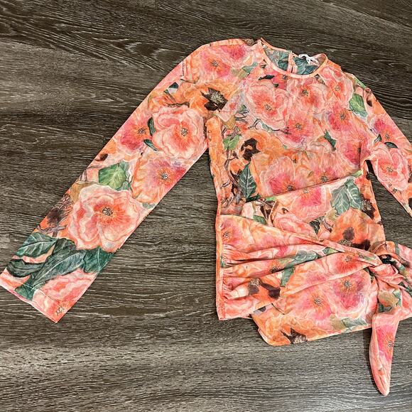 Ala Von Auersperg Mesh Top Taj Floral Print Sheer Long Sleeve Tie Waist Pink M - Picture 7 of 16